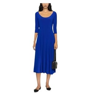 Norma Kamali Cobalt Blue Pleated Midi Dress M Fit Flare Scoop Neck NWT